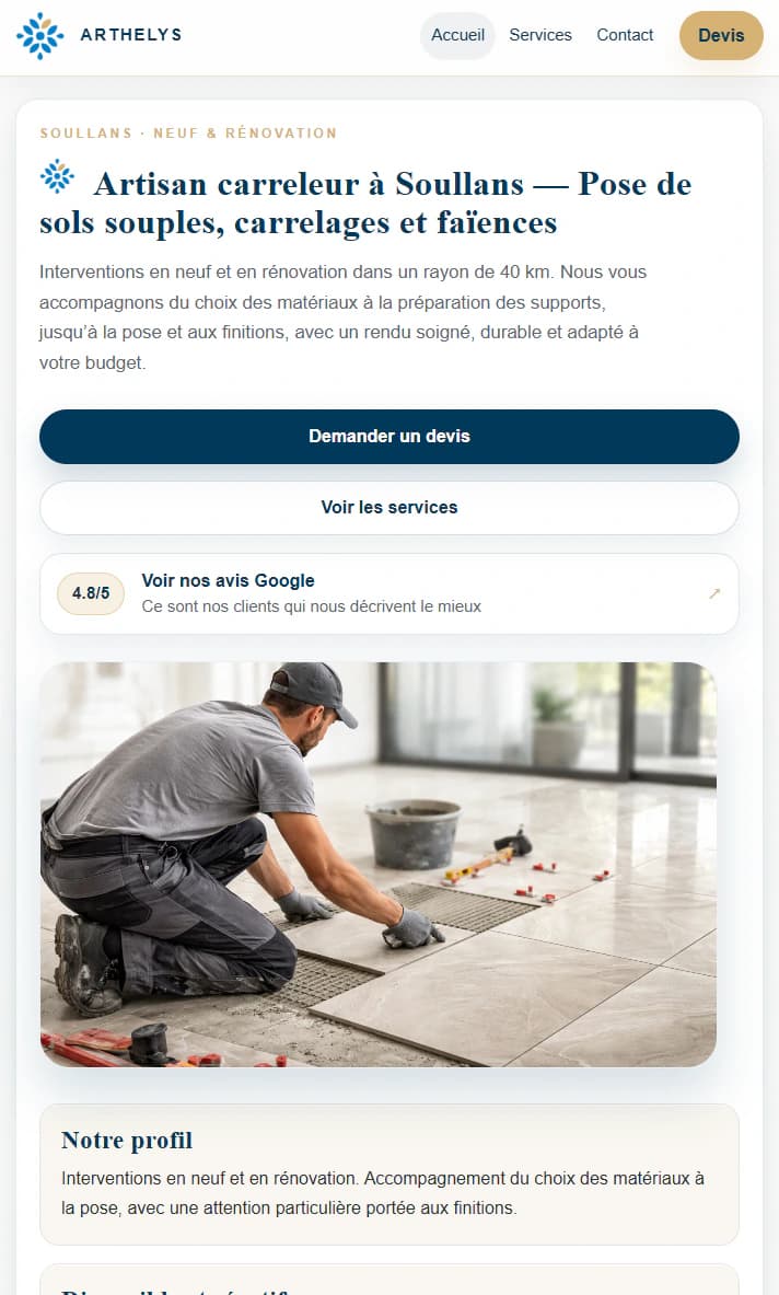 Page d’accueil mobile du site Arthelys