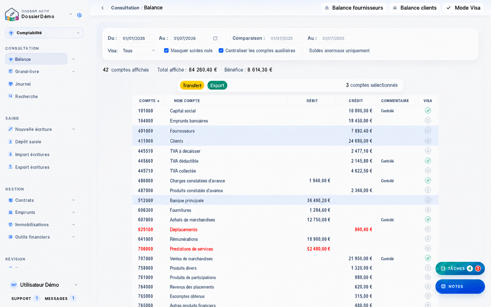 Capture de la balance comptable dans Maison Pilote, avec filtres de période, soldes, commentaires et statuts de visa.